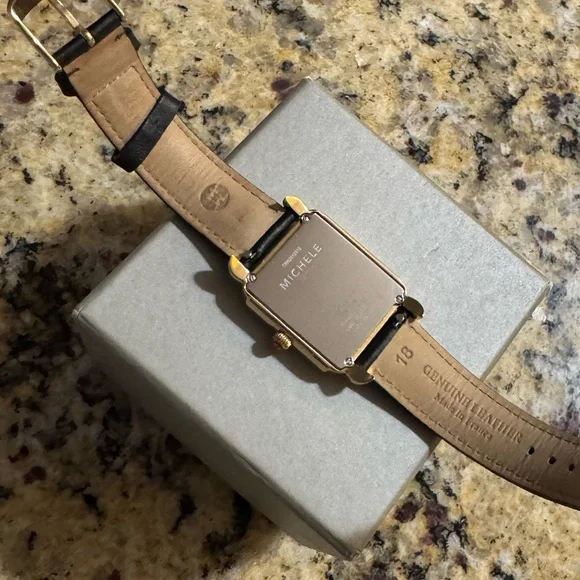 MICHELE Deco II Mother of Pearl Diamond 18K Gold Plated Leather Band Watch - Picture 14 of 15